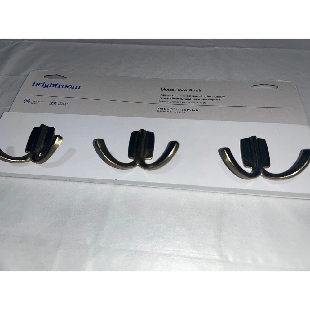 Brightroom Metal Hook Rack Brushed Gold Matte White 3 Double Hooks 13.5in NWT